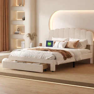 Gestoffeerd tweepersoonsbed 160x200cm met USB en grote lades – sherpa stof – Beige Gestoffeerd tweepersoonsbed 160x200cm met USB en grote lades – sherpa stof – Beige