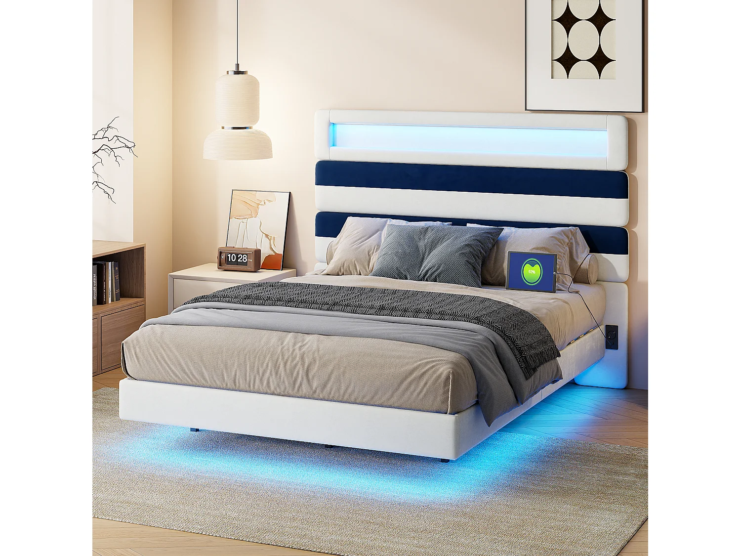 Gestoffeerd bed 140x190cm met USB, tienerbed, tweepersoonsbed met LED, fluweel, wit en blauw
