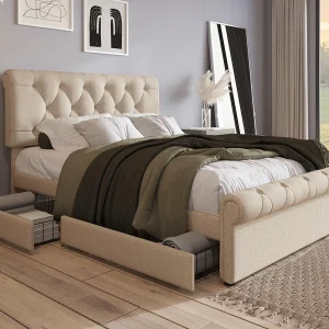 Gestoffeerd bed in linnenstof – 140x200cm – met 2 lades – verstelbaar hoofdeinde – Licht naturel Gestoffeerd bed in linnenstof – 140x200cm – met 2 lades – verstelbaar hoofdeinde – Licht naturel