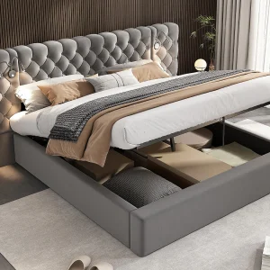 Gestoffeerd opbergbed 160×200 cm in fluweel – met leeslamp en lattenbodem – Grijs Gestoffeerd opbergbed 160×200 cm in fluweel – met leeslamp en lattenbodem – Grijs