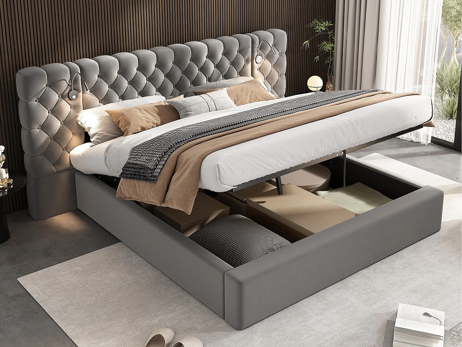 Gestoffeerd opbergbed 160x200 cm in fluweel - met leeslamp en lattenbodem - Grijs