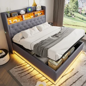 Gestoffeerd LED-opbergbed 160×200 cm, bed met hydraulische opberging, USB-aansluiting, huidvriendelijke linnen stof, grijs Gestoffeerd LED-opbergbed 160×200 cm, bed met hydraulische opberging, USB-aansluiting, huidvriendelijke linnen stof, grijs