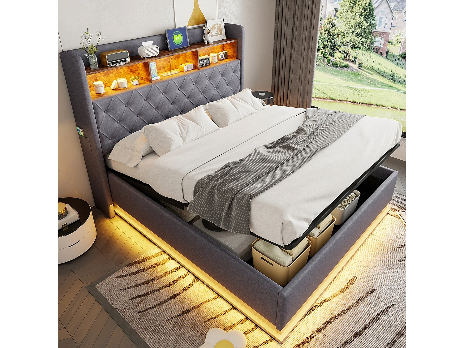 Gestoffeerd LED-opbergbed 160x200 cm, bed met hydraulische opberging, USB-aansluiting, huidvriendelijke linnen stof, grijs
