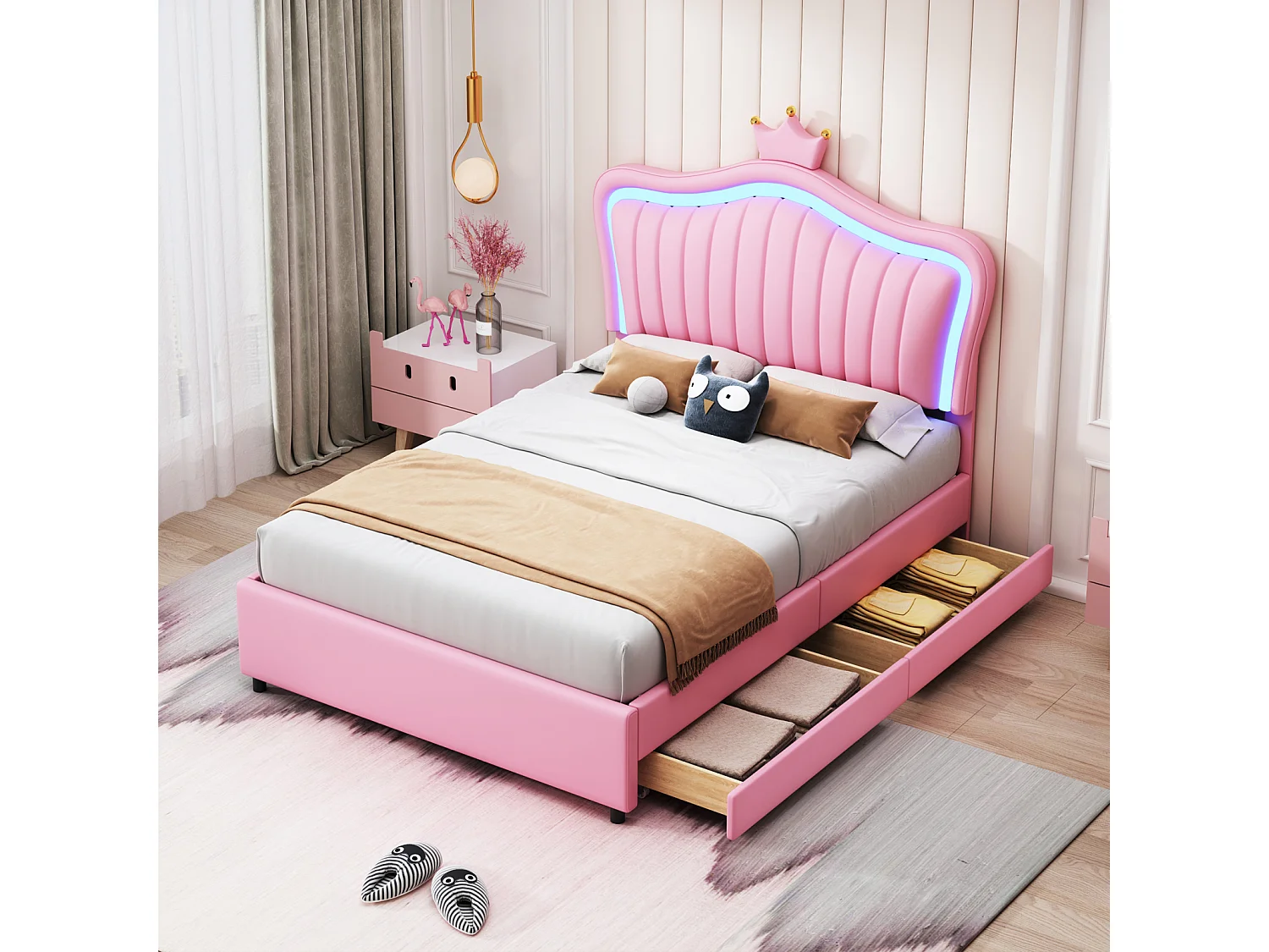 Gestoffeerd kinderbed 90x200 cm, eenpersoonsbed voor meisjes, roze kunstleren frame met kroontjesmotief, opberglades, ledverlichting