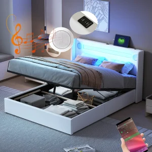Gestoffeerd bed 140×200 cm met LED-strip, Bluetooth-speler en USB-lader, bed met PU-opbergbox, metalen frame, inclusief lattenbodem, wit