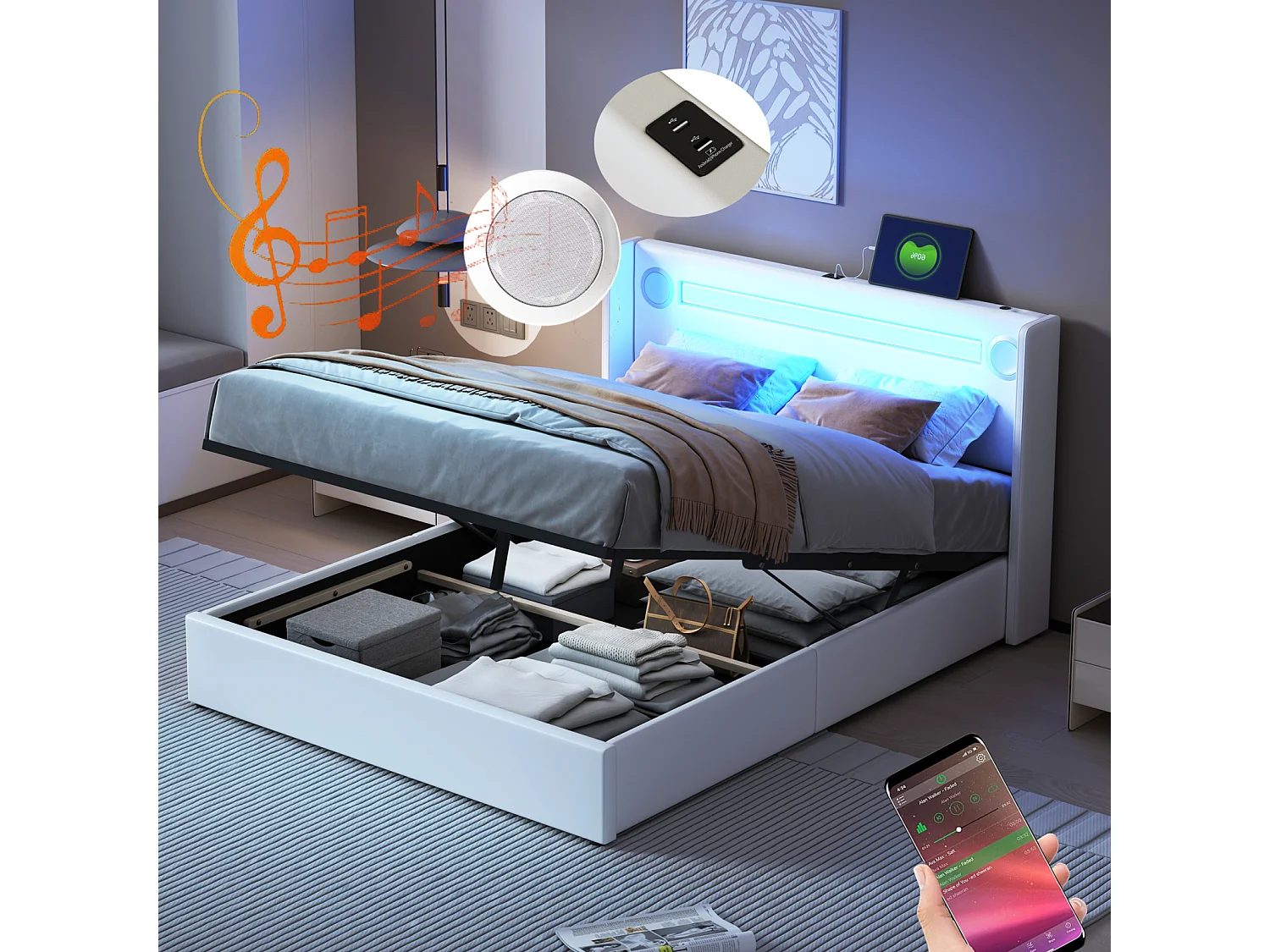 Gestoffeerd bed 140x200 cm met LED-strip, Bluetooth-speler en USB-lader, bed met PU-opbergbox, metalen frame, inclusief lattenbodem, wit