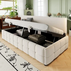 Gestoffeerde slaapbank – 90 x 200 cm – met hydraulische opbergruimte + rugleuning zonder armleuningen – fluweel – beige Gestoffeerde slaapbank – 90 x 200 cm – met hydraulische opbergruimte + rugleuning zonder armleuningen – fluweel – beige