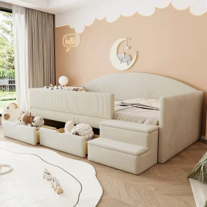Gestoffeerde slaapbank – 90 x 190 cm – met 2 lades + rails + treden – fluweel – beige Gestoffeerde slaapbank – 90 x 190 cm – met 2 lades + rails + treden – fluweel – beige