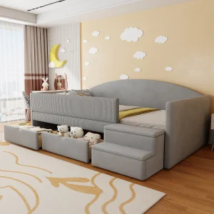 Gestoffeerde slaapbank – 90 x 190 cm – met 2 lades + rails + treden – fluweel – lichtgrijs Gestoffeerde slaapbank – 90 x 190 cm – met 2 lades + rails + treden – fluweel – lichtgrijs