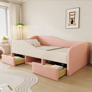 Gestoffeerde slaapbank – 90 x 190 cm – met 2 lades en rails – fluweel – roze + crèmewit Gestoffeerde slaapbank – 90 x 190 cm – met 2 lades en rails – fluweel – roze + crèmewit