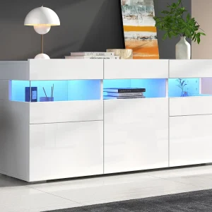 Glanzend buffet 140×40.5×66.5cm – 3 deuren – 7 vakken – Met LED-verlichting – Wit