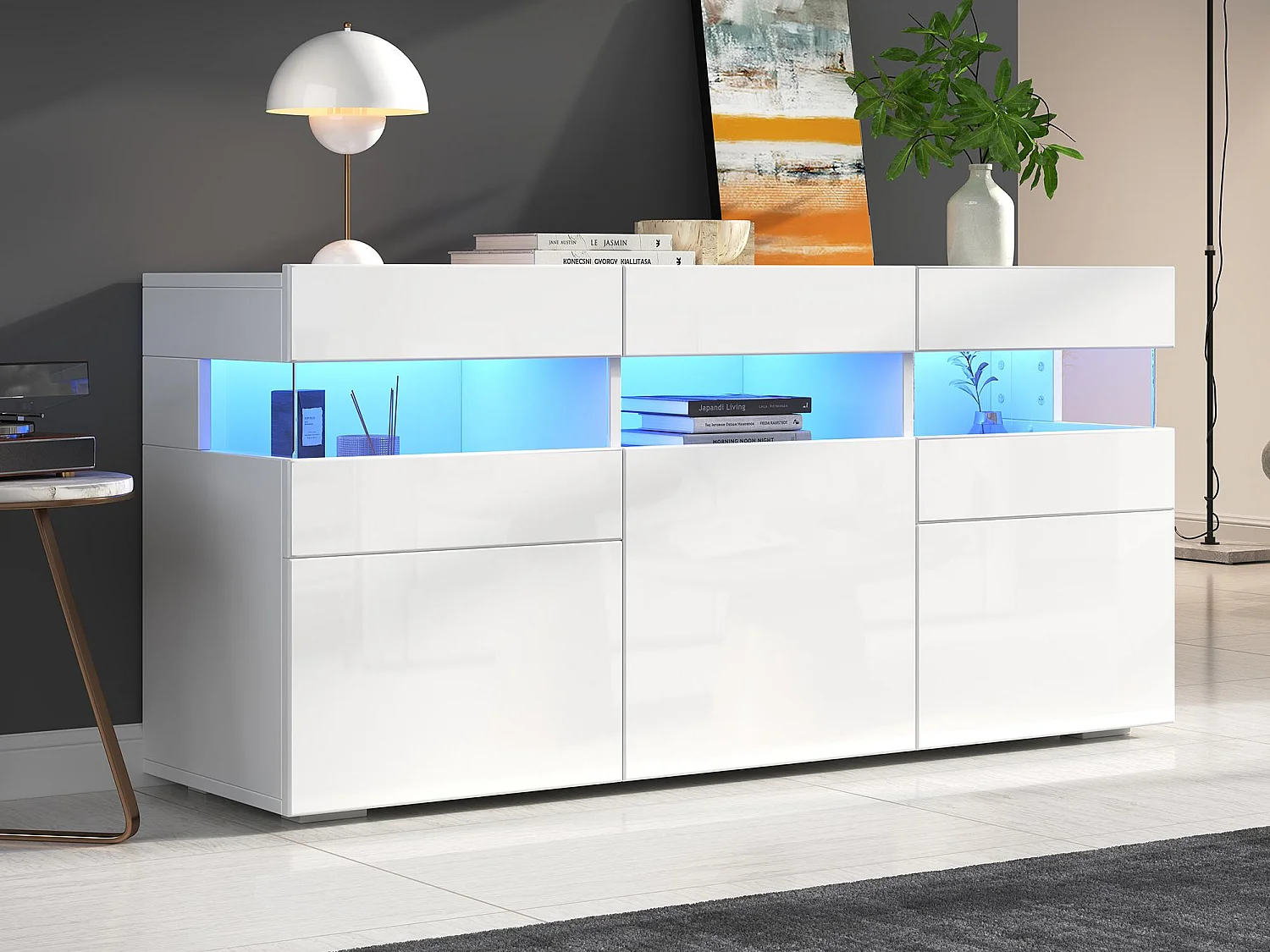 Glanzend buffet 140x40.5x66.5cm - 3 deuren - 7 vakken - Met LED-verlichting - Wit