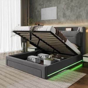 Gestoffeerd bed met LED, 160×200 cm, donkergrijs, met hydraulische opbergruimte en twee hoofdeinden Gestoffeerd bed met LED, 160×200 cm, donkergrijs, met hydraulische opbergruimte en twee hoofdeinden