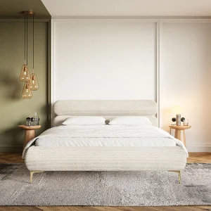 Gestoffeerd bed 140×200 met opbergruimte – ribfluweel en goudkleurige poten – lichtbeige – ROULE CORD Gestoffeerd bed 140×200 met opbergruimte – ribfluweel en goudkleurige poten – lichtbeige – ROULE CORD