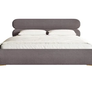 Gestoffeerd bed 140×200 met opbergruimte – ribfluweel en goudkleurige poten – bruin – ROULE CORD Gestoffeerd bed 140×200 met opbergruimte – ribfluweel en goudkleurige poten – bruin – ROULE CORD