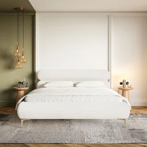 Gestoffeerd bed 140×200 met opbergruimte – ribfluweel en goudkleurige poten – crème – ROULE CORD Gestoffeerd bed 140×200 met opbergruimte – ribfluweel en goudkleurige poten – crème – ROULE CORD