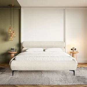 Gestoffeerd bed 140×200 met opbergruimte – ribfluweel en zwarte poten – lichtbeige – ROULE CORD Gestoffeerd bed 140×200 met opbergruimte – ribfluweel en zwarte poten – lichtbeige – ROULE CORD