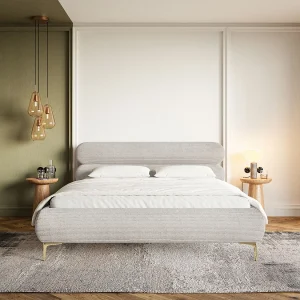 Gestoffeerd bed 160×200 met opbergruimte – ribfluweel en goudkleurige poten – greige – ROULE CORD Gestoffeerd bed 160×200 met opbergruimte – ribfluweel en goudkleurige poten – greige – ROULE CORD