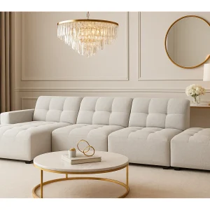 Hoekbank links met poef Bergamo B– stof Raven 6 lichtgrijs, 341×166×70 cm