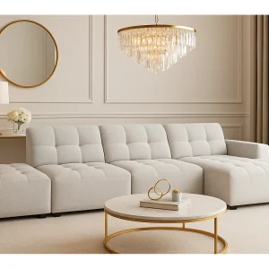 Hoekbank rechts met poef Bergamo B – stof Raven 6 lichtgrijs, 341×166×70 cm Hoekbank rechts met poef Bergamo B – stof Raven 6 lichtgrijs, 341×166×70 cm