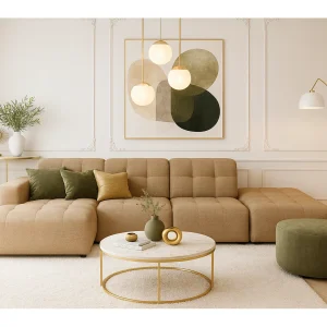 Hoekbank links met poef Bergamo B– stof Raven 34 lichtbruin, 341×166×70 cm