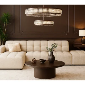 Hoekbank links met poef Bergamo B– stof Raven   24 crème, 341×166×70 cm