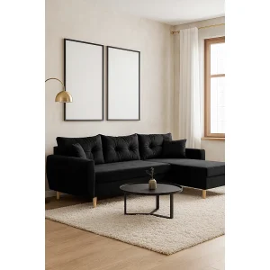 Hoekbank met slaapfunctie, rechtse uitvoering ROMEO L, stof Riviera 100 zwart, 234x156x74 cm Hoekbank met slaapfunctie, rechtse uitvoering ROMEO L, stof Riviera 100 zwart, 234x156x74 cm