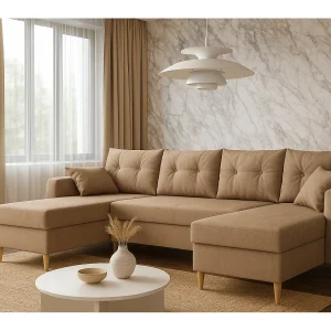 Hoekbank met slaapfunctie ROMEO U, stof Manila 21 beige, afmetingen 300 × 156 × 74 cm