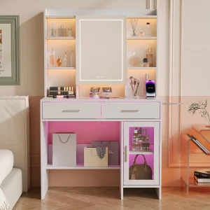 Glazen kaptafel met spiegel, planken en stopcontacten – Modern wit design Glazen kaptafel met spiegel, planken en stopcontacten – Modern wit design