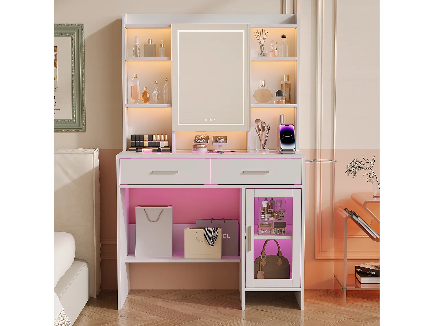 Glazen kaptafel met spiegel, planken en stopcontacten - Modern wit design