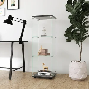 Glazen vitrinekast met 3 planken en deur, vrijstaande boekenkast voor woonkamer, slaapkamer of kantoor, 42,7 x 36,7 x 125 cm, zwart