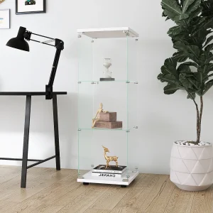 Glazen vitrinekast met 3 planken en deur, vrijstaande boekenkast voor woonkamer, slaapkamer of kantoor, 42,7 x 36,7 x 125 cm, wit