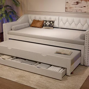 Gestoffeerde slaapbank 90×200 cm – met uitschuifbaar bed – met LED-verlichting – Drie laden – MDF + linnen – Beige (matras niet inbegrepen) Gestoffeerde slaapbank 90×200 cm – met uitschuifbaar bed – met LED-verlichting – Drie laden – MDF + linnen – Beige (matras niet inbegrepen)