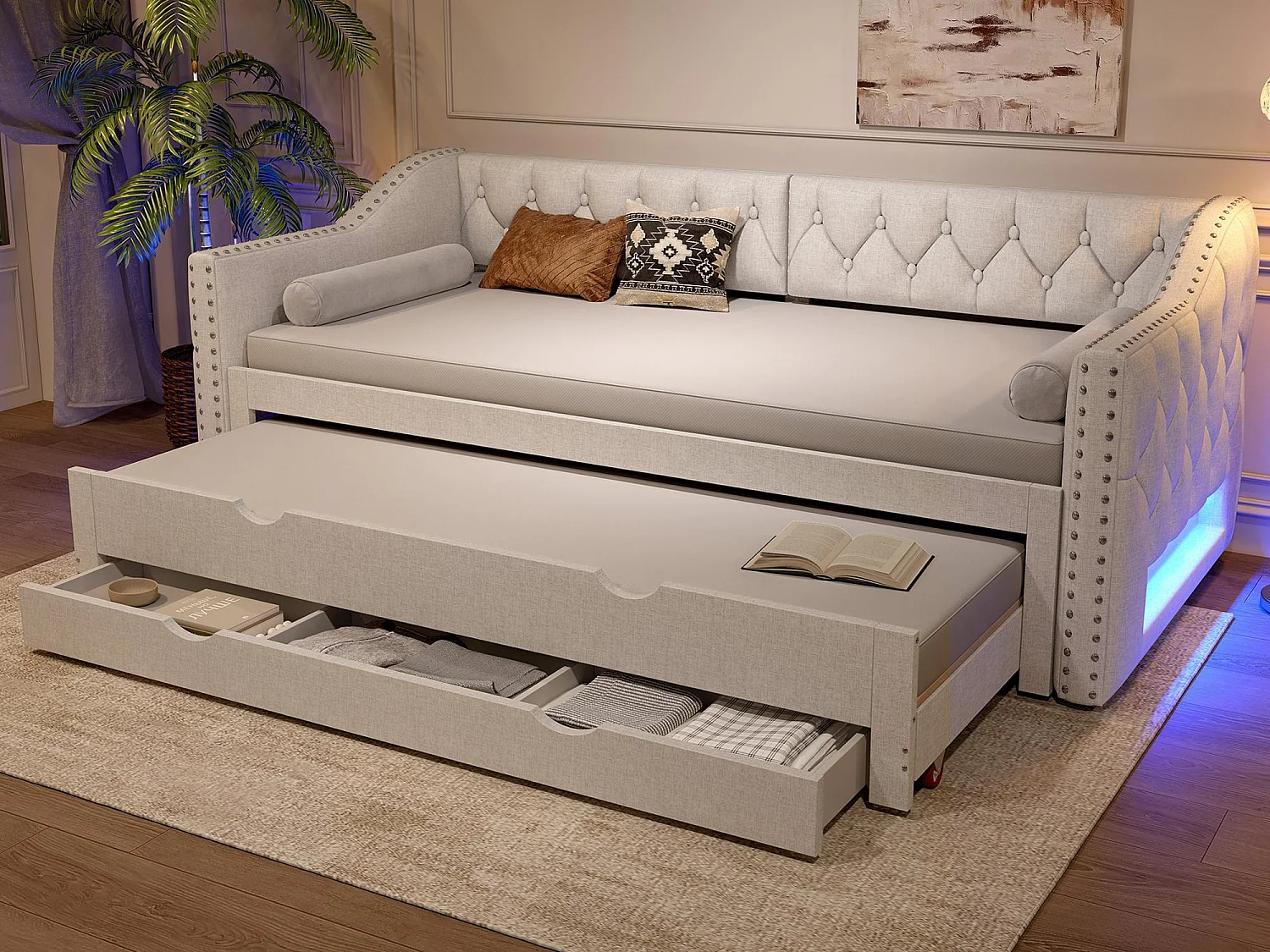 Gestoffeerde slaapbank 90x200 cm - met uitschuifbaar bed - met LED-verlichting - Drie laden - MDF + linnen - Beige (matras niet inbegrepen)