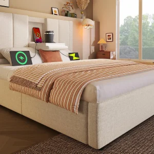 Gestoft opbergbed 90x200cm – met verborgen bekerhouder – met USB- en Type-C-poorten – met lattenbodem – Linnen – Beige (zonder matras) Gestoft opbergbed 90x200cm – met verborgen bekerhouder – met USB- en Type-C-poorten – met lattenbodem – Linnen – Beige (zonder matras)