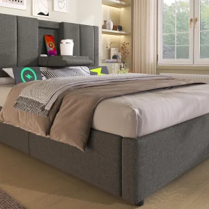 Gestoft opbergbed 90x200cm – met verborgen bekerhouder – met USB- en Type-C-poorten – met lattenbodem – Linnen – Grijs (zonder matras) Gestoft opbergbed 90x200cm – met verborgen bekerhouder – met USB- en Type-C-poorten – met lattenbodem – Linnen – Grijs (zonder matras)