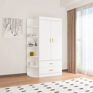 Kast met 2 deuren 2 laden en 6 planken B100 cm wit en goud – GRIMORI Kast met 2 deuren 2 laden en 6 planken B100 cm wit en goud – GRIMORI