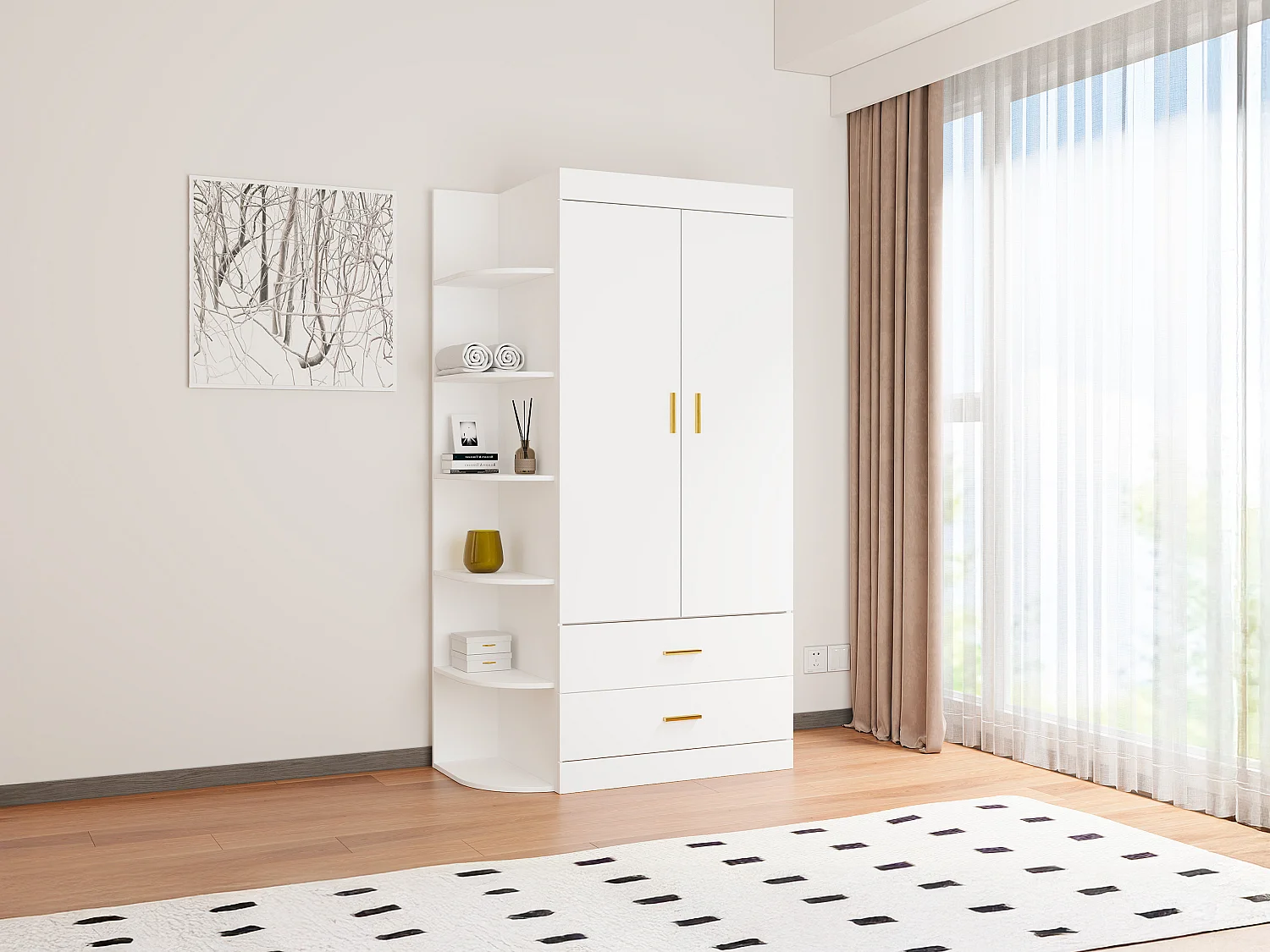 Kast met 2 deuren 2 laden en 6 planken B100 cm wit en goud - GRIMORI
