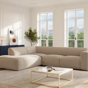 Grote hoekbank met hoek links met rugleuning aan de Chaise longue van beige boucléstof POGNI van Maison Céphy Grote hoekbank met hoek links met rugleuning aan de Chaise longue van beige boucléstof POGNI van Maison Céphy