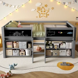 Grijs halfhoog bed 90x200cm met opbergplank en krijtbord, grenen + MDF