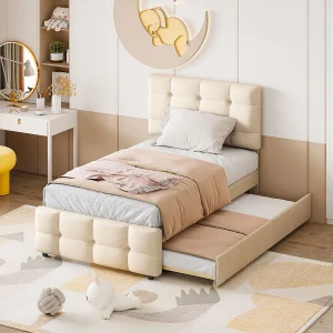 Gestoffeerd kinderbed 90×200 cm met uitschuifbed 190×90 cm, linnen bekleding, beige Gestoffeerd kinderbed 90×200 cm met uitschuifbed 190×90 cm, linnen bekleding, beige