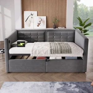 Gestoffeerd slaapbankbed 90×200 cm van fluweel, grijs, met hydraulische opbergruimte en USB/Type-C