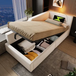 Gestoffeerd daybed 90×190 cm van fluweel, beige, met hydraulische opbergruimte en USB-C Gestoffeerd daybed 90×190 cm van fluweel, beige, met hydraulische opbergruimte en USB-C