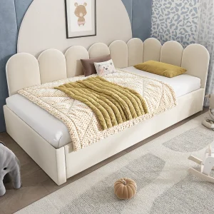 Gestoffeerd daybed 90×200 cm van velvet in beige met uitschuifbed 90×190 cm