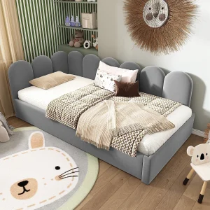 Gestoffeerd daybed 90×200 cm van velvet, grijs, met uitschuifbed 90×190 cm