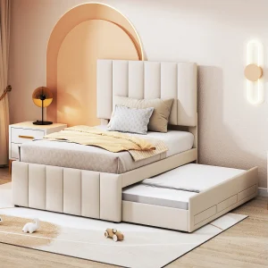 Gestoffeerd eenpersoonsbed 90×200 cm met uitschuifbed en 3 lades, beige katoen/linnen