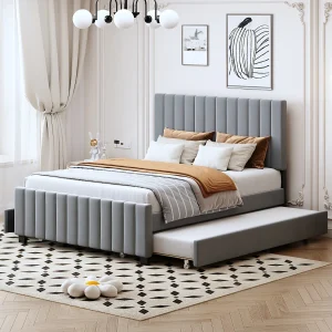 Gestoffeerd bed 140×190 cm van fluweel (grijs) met uitschuifbed 190×90 cm en 2 lades Gestoffeerd bed 140×190 cm van fluweel (grijs) met uitschuifbed 190×90 cm en 2 lades