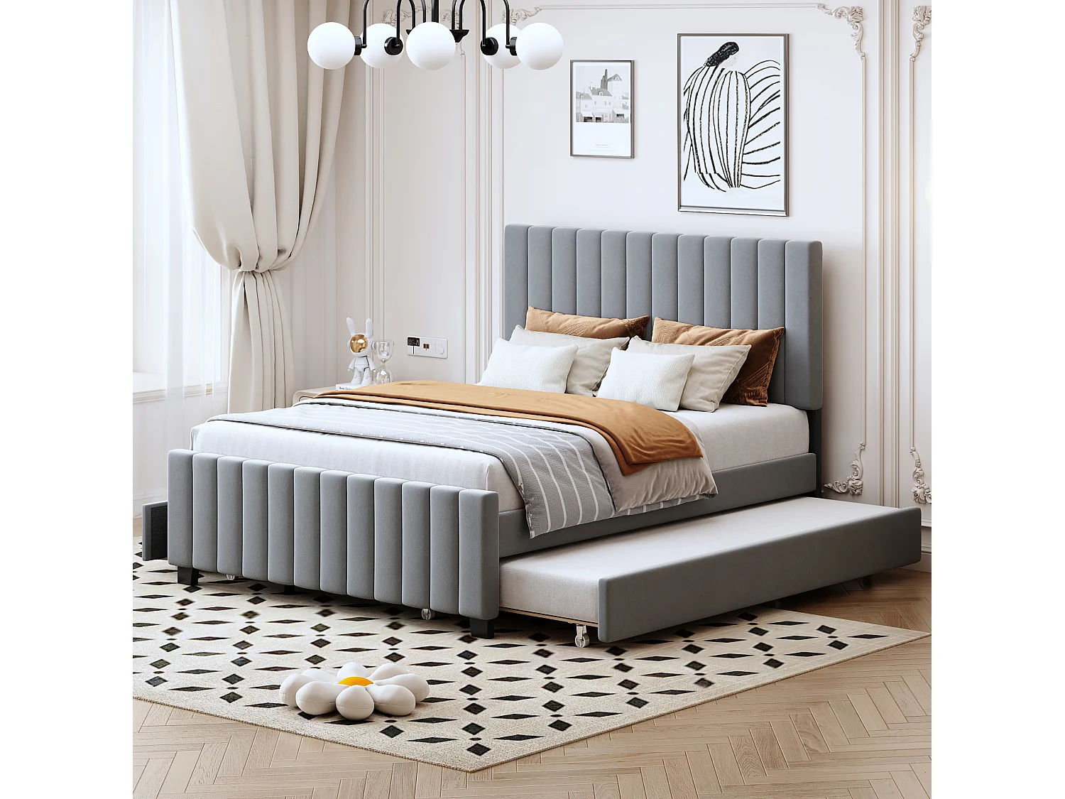Gestoffeerd bed 140x190 cm van fluweel (grijs) met uitschuifbed 190x90 cm en 2 lades