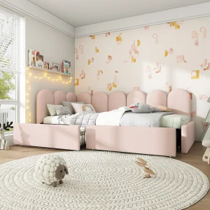 Gestoffeerd daybed 90×190 cm van fluweel (roze) met 2 opberglades en lattenbodem Gestoffeerd daybed 90×190 cm van fluweel (roze) met 2 opberglades en lattenbodem