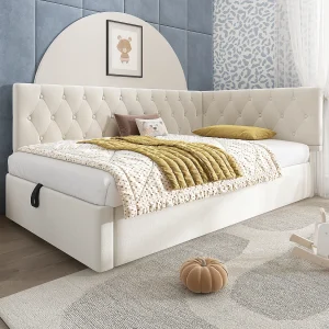 Gestoffeerd daybed 90×190 cm van fluweel in beige met hydraulische opbergruimte Gestoffeerd daybed 90×190 cm van fluweel in beige met hydraulische opbergruimte